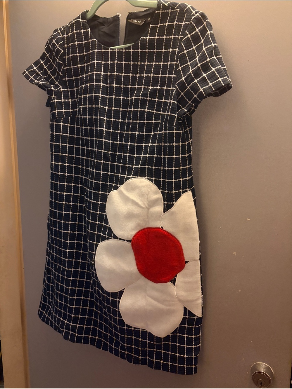 IROO BBlack and White Check A-Line Dress with White & Red Flower Appliqué Size 8